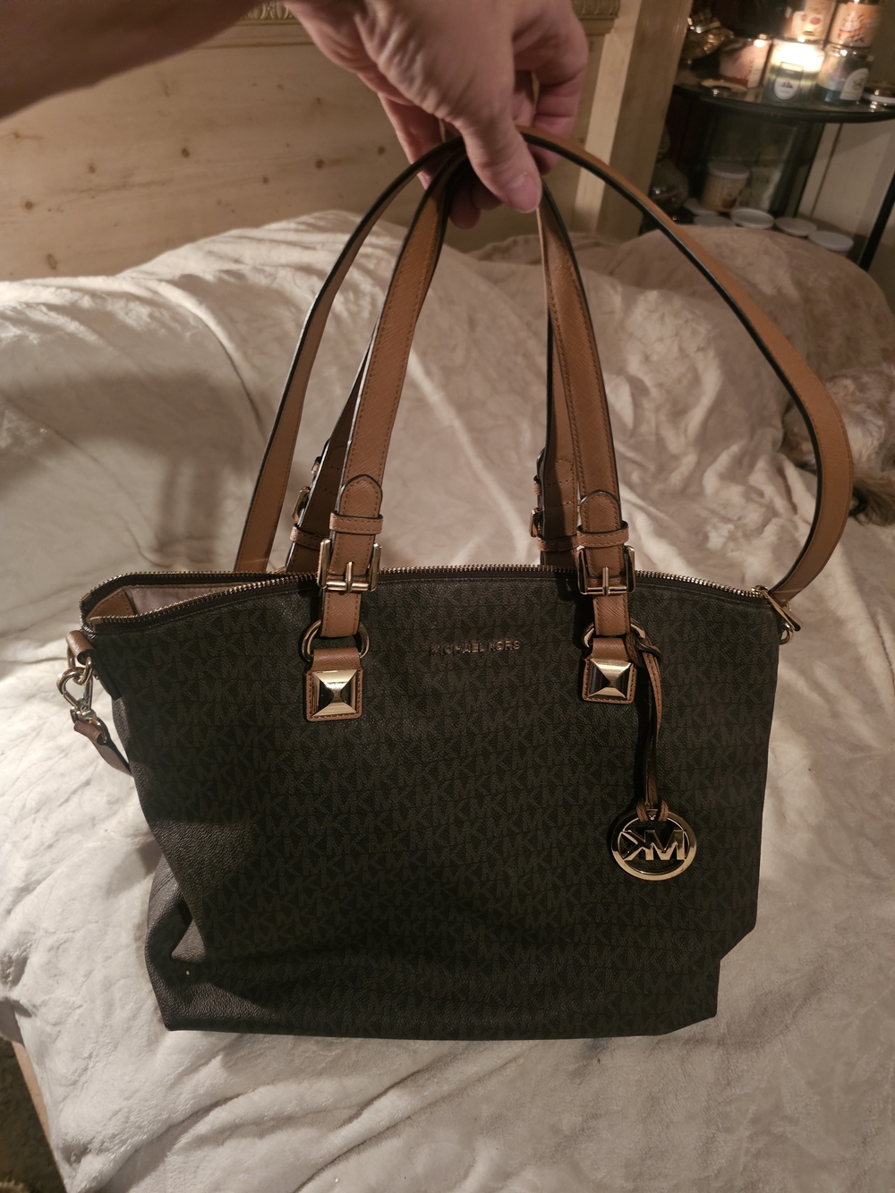 Michael Kors Dark Brown MK Logo Tote with Tan Leather Trim